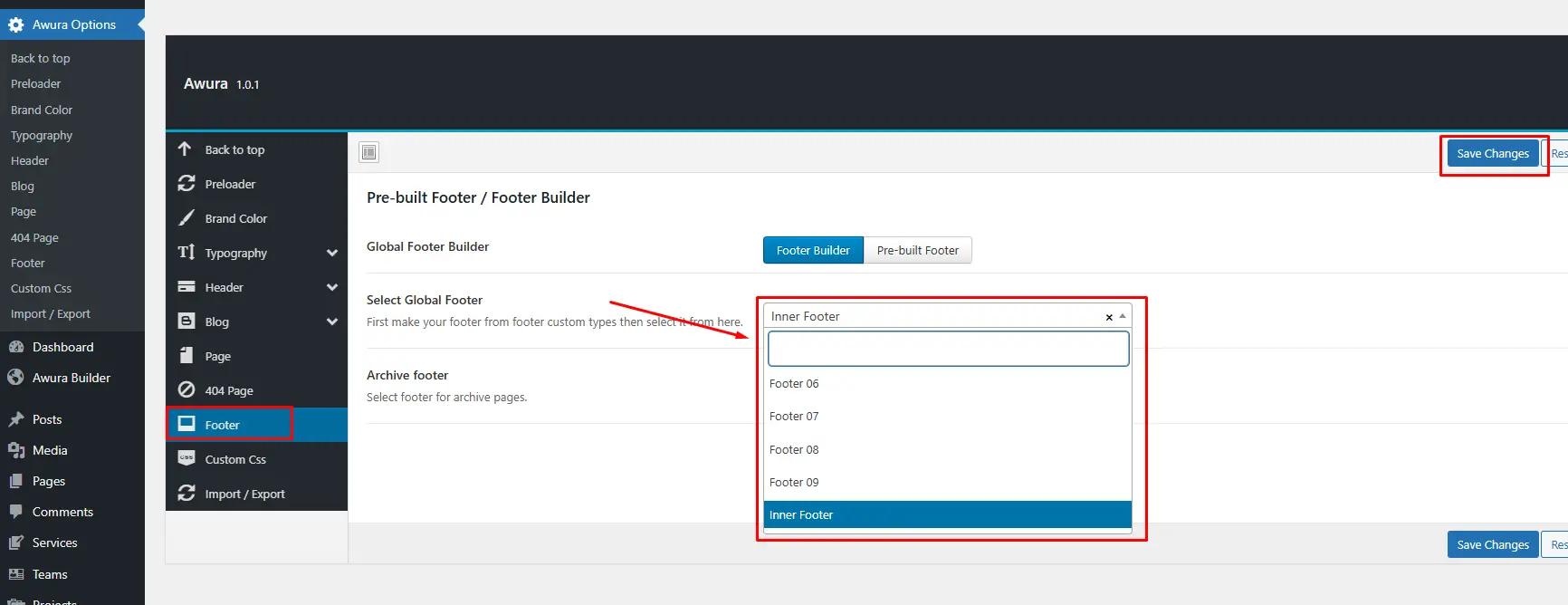 Global Footer Selection