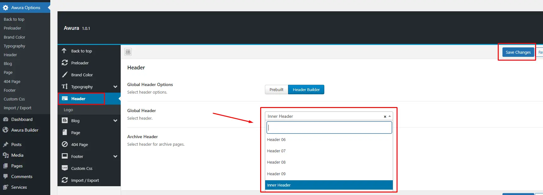 Global Header Selection